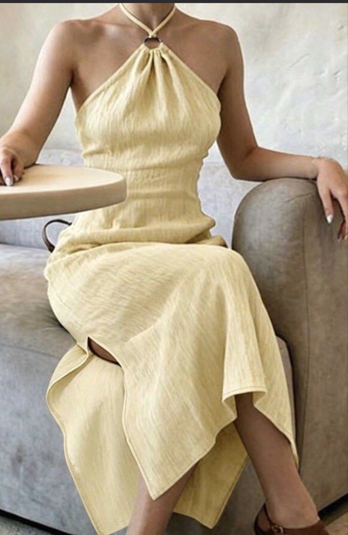 Butter yellow halter dress long (Category: Dresses) located in Manila. Submitted by everays (Listing ID 1453601305, Image 2). Description: - only used once for an event tags: long dress semi formal yellow halter with slits shein zara h&m.