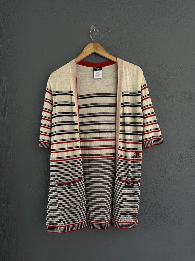 Chanel 2013 Long Stripe Cardigan (Category: Luxury Apparel) located in Pasig City. Submitted by worn2wice (Listing ID 1453531575, Image 1). Description: Size 34 Measurements W 19.5 L 31 S 13 Excellent condition Few signs of usage.