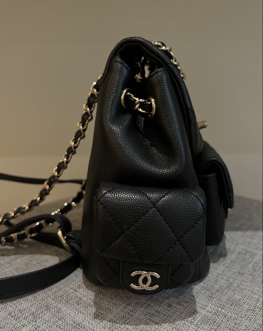 Chanel Backpack (Category: Luxury Bags & Wallets) located in Pasig City. Submitted by declutterwithme11 (Listing ID 1453515509, Image 3). Description: - Used twice. Still looks new. - Caviar in champagne gold hardware. - Clean interior and exterior. - Condition is 9/10. Natanggal lang yung parang lock na ring sa handle, pero repairable naman, need lang idikit. See last photo for detail ng issue. - Bag only. No inclusions. I won’t accept returns/r