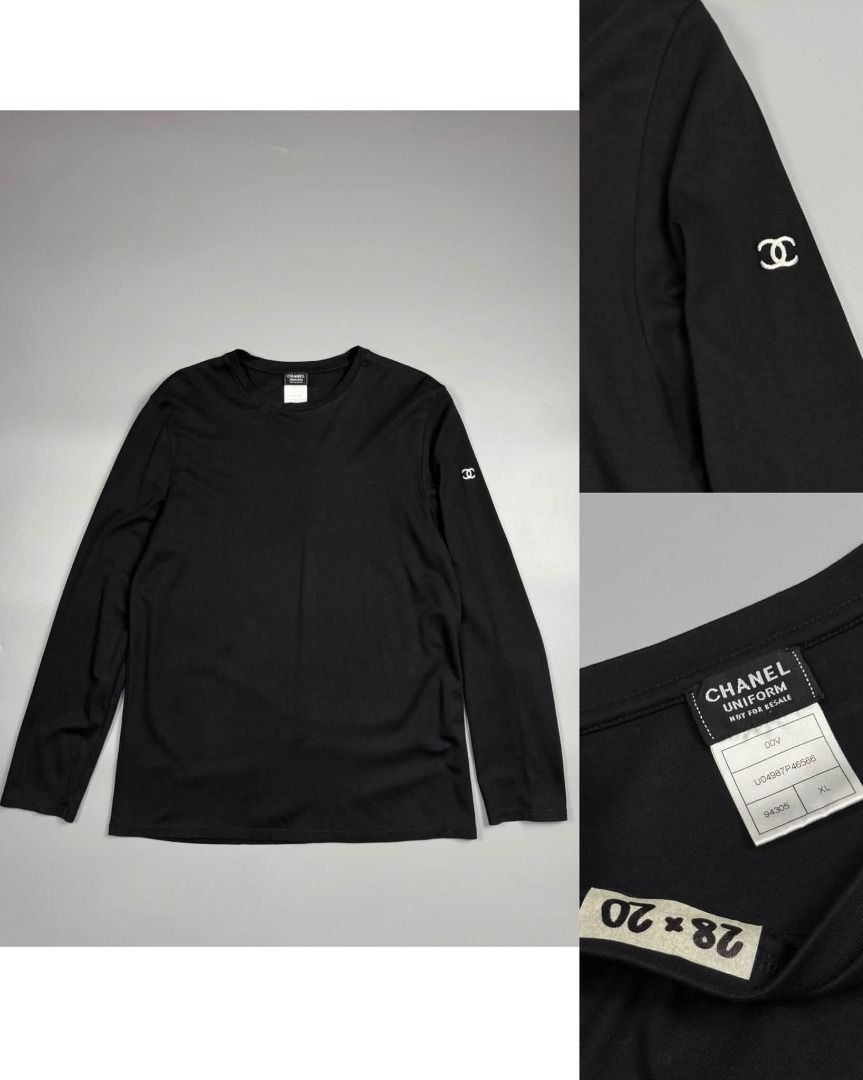 CHANEL UNIFORM LONGSLEEVES (Category: Luxury Apparel) located in Baguio. Submitted by binibibi (Listing ID 1453604452, Image 1). Description: CHANEL UNIFORM LONGSLEEVES (EXCELLENT CONDITION) XLARGE WOMEN / S-M MEN (28L X 20W) - Chanel Uniform black long sleeve shirt - Size XL - Iconic CC logo embroidered on sleeve - 'Not for resale' tag included - Ideal for everyday wear or as part of a uniform.