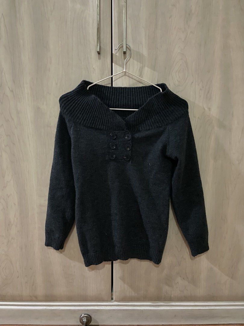 Dark Gray Off Shoulder Collar Knit Button Long Sleeve Sweater (Category: Longsleeves) located in Quezon City. Submitted by snooop (Listing ID 1453491316, Image 3). Description: RFS: declutterring 〰️ fits XS-S frame 〰️ cute & trendy european top! perfect for cool weather 〰️ high quality and stretchy knit fabric 〰️ no flaws.