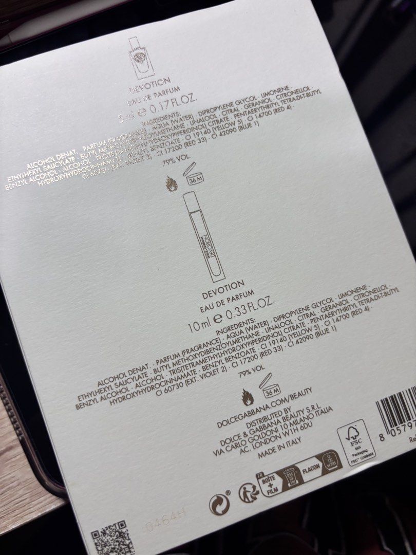 Dolce & Gabbana | Devotion Eau De Parfum | New (Category: Fragrance & Deodorants) located in Mandaluyong City. Submitted by myclosettours (Listing ID 1453610015, Image 3). Description: Disclaimer: Used about 5 sprays. See image for actual liquid content. This is the Dolce&Gabbana Devotion Eau de Perfum mini travel set. It features a bright, warm floral gourmand scent profile inspired by Italian panettone. Top Note: Candied LemonHeart Notes: Orang