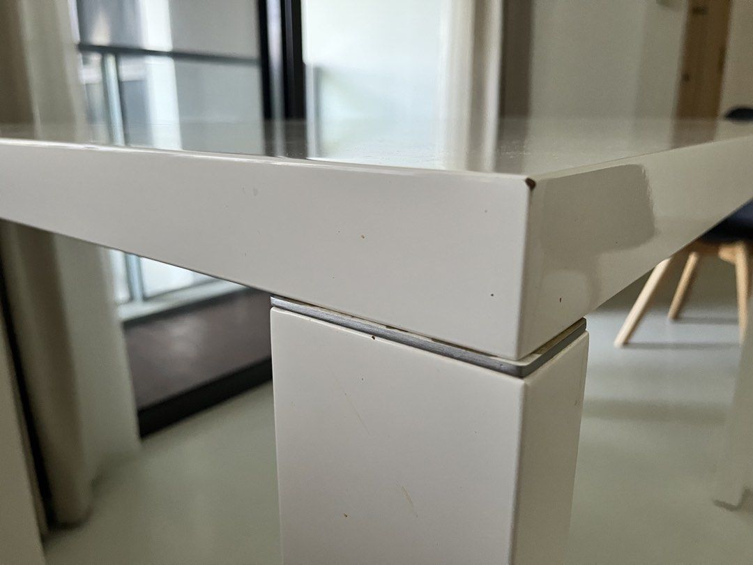 Dining table (Category: Tables & Sets) located in Singapore. Submitted by bunnyyong (Listing ID 1453480912, Image 3). Description: 120cm White dining table Some defect - see pictures Free. Not for fussy. Self collection at Joo Chiat Lane Also has black dining chair for sale $5 each, $18 for 4. .