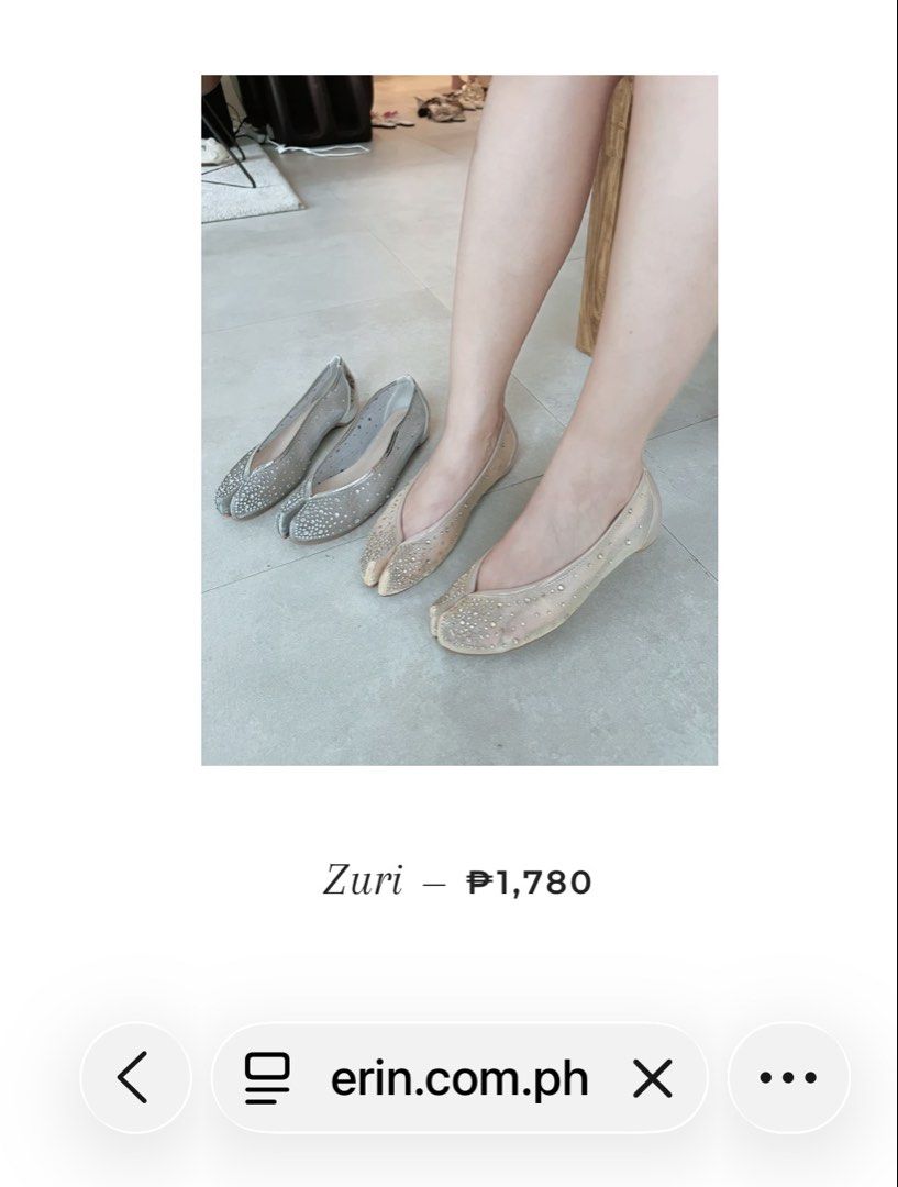 Erin Zuri Formal Shoes (Category: Flats & Sandals) located in Binan City. Submitted by the_declutter_queen (Listing ID 1453457109, Image 3). Description: Used only once during a wedding. Stone studded Champagne color perfect for easy-formal occasions and elevates casual outfits. Not super flat, with a half inch heel Bought for 1,700 from Erin website. Size 36 Very cute and dainty when worn. ✨ RFS: my daughter’s feet got bigger so disposing .