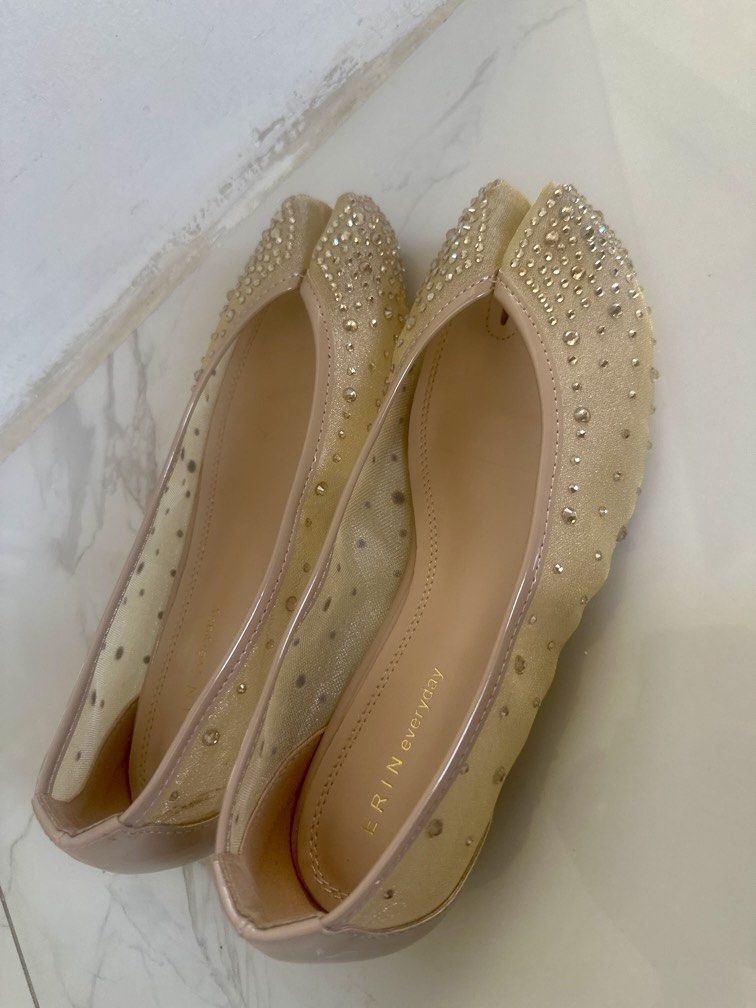 Erin Zuri Formal Shoes (Category: Flats & Sandals) located in Binan City. Submitted by the_declutter_queen (Listing ID 1453457109, Image 2). Description: Used only once during a wedding. Stone studded Champagne color perfect for easy-formal occasions and elevates casual outfits. Not super flat, with a half inch heel Bought for 1,700 from Erin website. Size 36 Very cute and dainty when worn. ✨ RFS: my daughter’s feet got bigger so disposing .