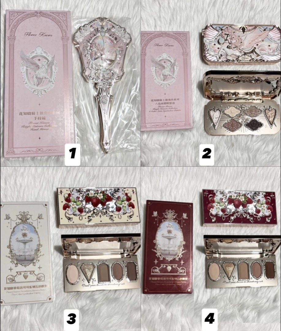 Flower Knows Makeup (Eyeshadow, Blush, Lippie and Mirror) (Category: Makeup) located in Cavite. Submitted by 3yaaa018 (Listing ID 1453380530, Image 2). Description: 1. Flower Knows Knight Unicorn Hand Mirror (Starlight Pink) - ₱980 2. Flower Knows Knight Unicorn 6-Color Satin Makeup Palette (01 Aurora Reverie) - ₱950 3. Flower Knows Strawberry Rococo Series Five-Color Eyeshadow Palette (01 Ice-cream Latte) - ₱950 4. Flower Knows Strawberry Rococo