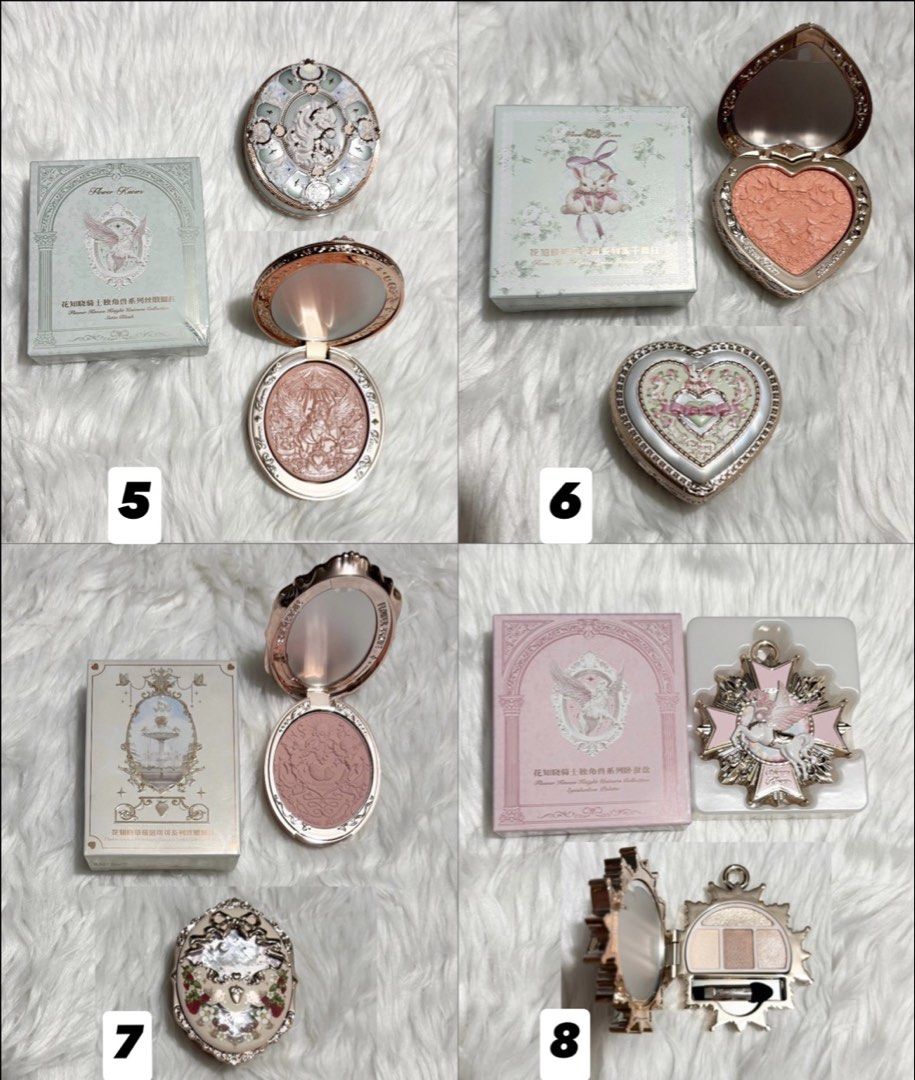 Flower Knows Makeup (Eyeshadow, Blush, Lippie and Mirror) (Category: Makeup) located in Cavite. Submitted by 3yaaa018 (Listing ID 1453380530, Image 3). Description: 1. Flower Knows Knight Unicorn Hand Mirror (Starlight Pink) - ₱980 2. Flower Knows Knight Unicorn 6-Color Satin Makeup Palette (01 Aurora Reverie) - ₱950 3. Flower Knows Strawberry Rococo Series Five-Color Eyeshadow Palette (01 Ice-cream Latte) - ₱950 4. Flower Knows Strawberry Rococo