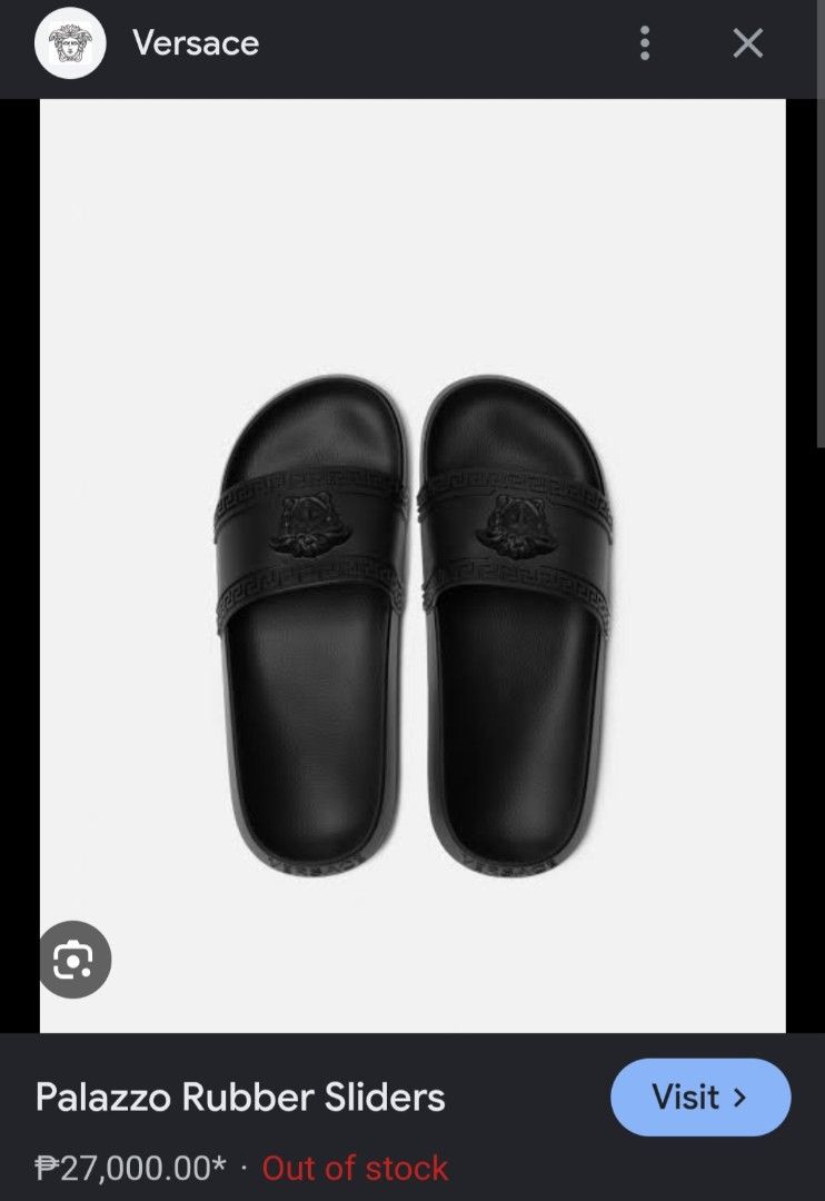FOR SALE (Category: Slippers & Slides) located in Manila. Submitted by pusha____pss (Listing ID 1453615135, Image 1). Description: FOR SALE VERSACE PALAZZO RUBBER SLIDE SIZE 44 COMPLETE CARD AND DUST BAG USED ONCE ALMOST NEW PADIN!.