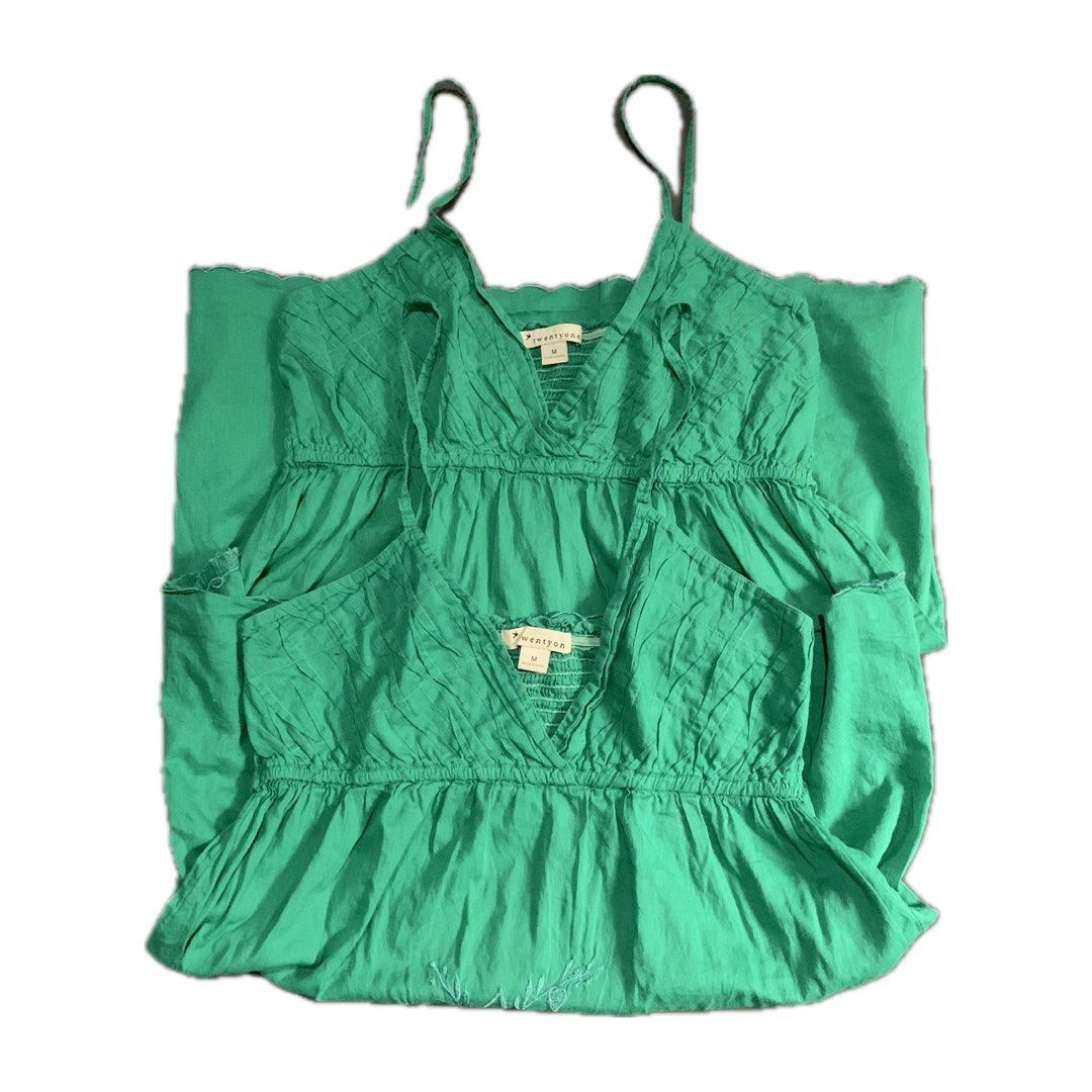 green vintage forever 21 spaghetti straps halter cami (Category: Sleeveless) located in Bacolod City. Submitted by attheratesign (Listing ID 1453568826, Image 3). Description: 1 sold! 1 available left • 2 available with nearly same condition (will be given at random if sold separately) • 150 each • both medium • l: 25”, w: 14” stretchable (garterized band) • 100% cotton — no when worn — washed — these are thrifted items, manage expectations — the