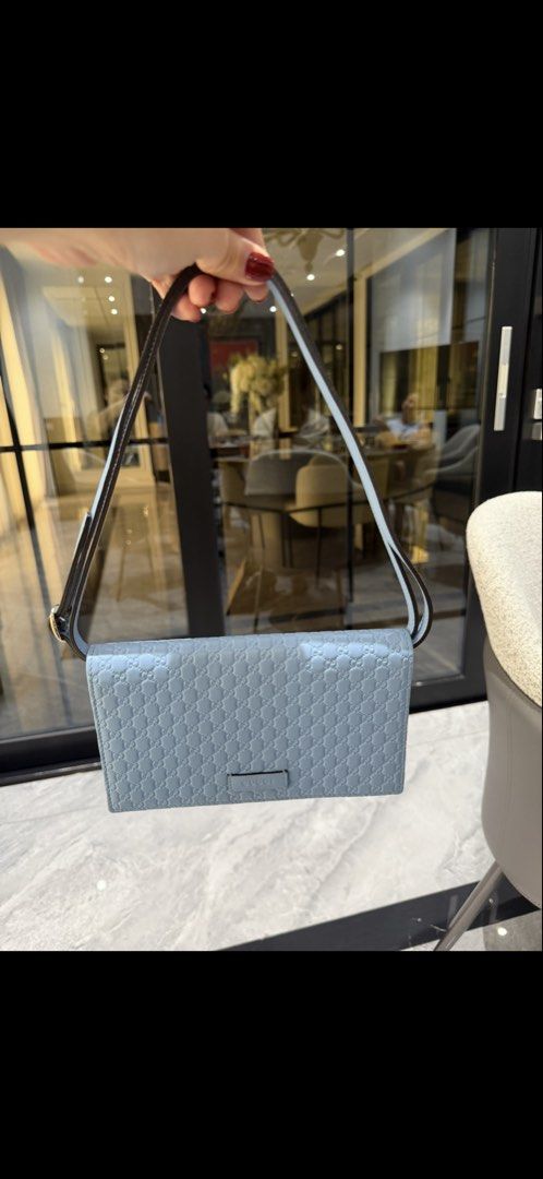 Gucci Microguccissima Shoulder Bag Light Blue (Category: Luxury Bags & Wallets) located in Manila. Submitted by kimbokjoo97 (Listing ID 1453472790, Image 1). Description: - Authentic light blue Gucci shoulder bag - box included - Signature Microguccissima pattern all over - Unique strap combining dark brown and light blue - Small rectangular Gucci logo plate on the front - Ideal for everyday use.