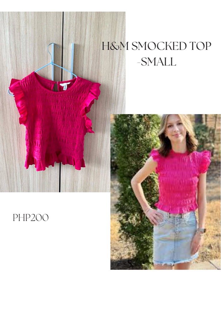 H&M Smocked Top - Pink - Size Small (Category: Sleeveless) located in Quezon City. Submitted by stuffffffffit (Listing ID 1453486133, Image 1). Description: - Cute pink smocked top from H&M - Features ruffle sleeves and hem - Versatile for pairing with denim skirts or shorts - Ideal for casual outings - Selling for PHP200.