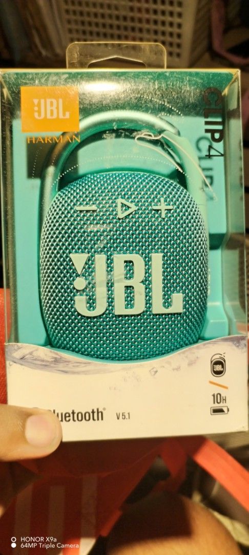 JBL CLIP 4 Portable Waterproof Bluetooth Speaker (Category: Soundbars, Speakers & Amplifiers) located in Quezon. Submitted by theknee (Listing ID 1453579647, Image 2). Description: - JBL CLIP 4 Speaker - Waterproof & Dustproof (IP67 rated) - Up to 10 hours playtime - Bluetooth v5.1 connectivity - Compact and portable design - Built-in carabiner clip for easy carrying - Ideal for outdoor adventures and home use.