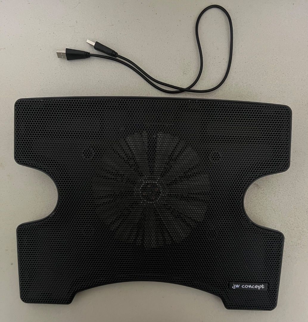 JW Concept Notebook Cooler (Category: Other Accessories) located in Quezon City. Submitted by gus_07 (Listing ID 1453585918, Image 1). Description: NCP70 Model Two 16cm LED silent fan Silent fan technology 16cm ultra quiet fan Dimensions: 160 mm x 160 mm x 20 mm Fan Speed: 600 plus or minus 15% Power USB: 5VDC RFS: Decluttering Location: Near UP Diliman, Quezon City.