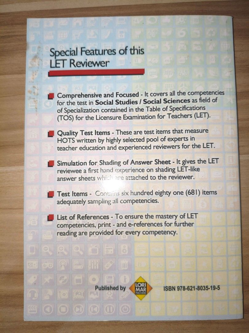 LET Comprehensive Reviewer Social Studies/Social Sciences by Lorimar Publishing (Category: Textbooks) located in Quezon City. Submitted by abvon_dlc (Listing ID 1453552662, Image 2). Description: - Walang sulat, may dumi lang.