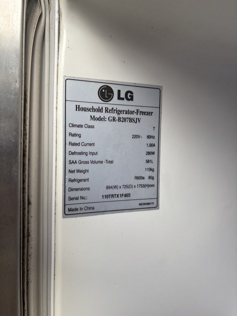LG Household Refrigerator-Freezer GR-B207BSJV (Category: Refrigerators and Freezers) located in Las Pinas. Submitted by rasberryfinds (Listing ID 1453502621, Image 3). Description: - LG Refrigerator-Freezer - Model: GR-B207BSJV - Capacity: 581 Liters - Finish: Stainless Steel - Cooling System: Multi-cooling - Dimensions: 894mm (W) x 725mm (D) x 1753mm (H) - Condition: Works well - 10 years old.