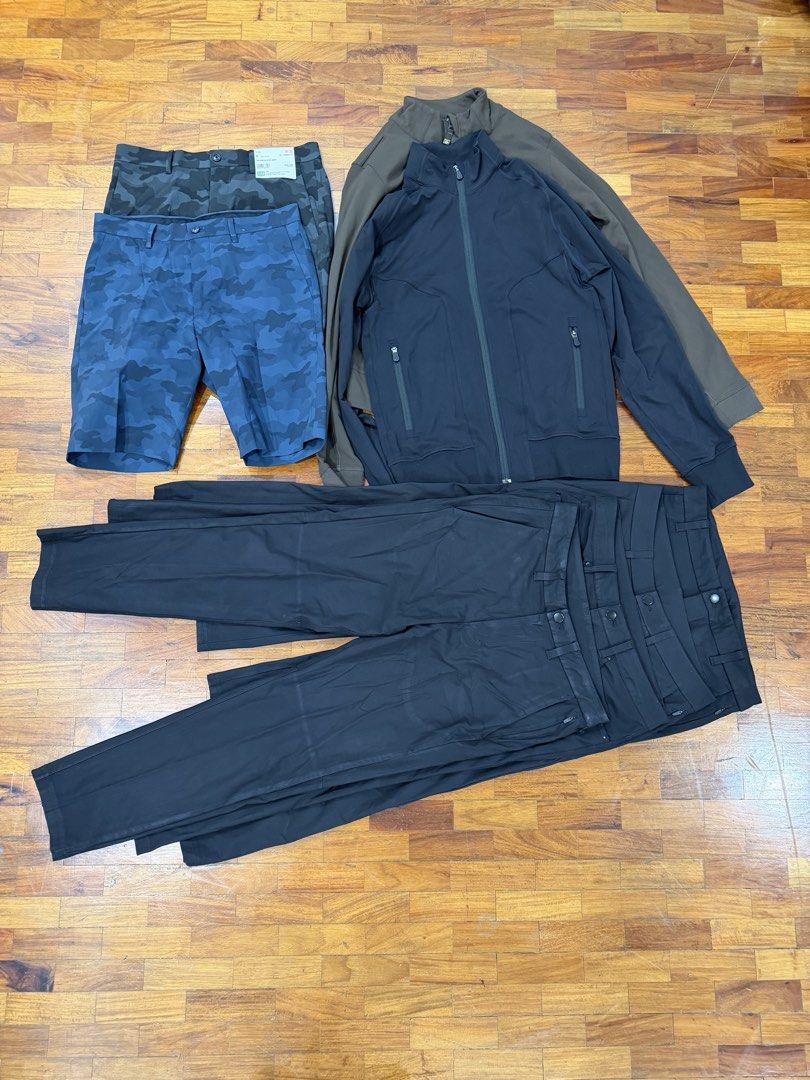 Lululemon & Uniqlo Men's Pants, Shorts, and Jacket Bundle (Category: Activewear) located in Manila. Submitted by hmwfzmm49z77022 (Listing ID 1453585700, Image 1). Description: Lulelemon - 1500 each Abc classic-fit trouser (8400 retail) minimal use and needs a wash - size 30 Abc classic fit 5 pocket (8400 retail) Minimal use needs a wash - Size 30 Black jacket Minimal use needs a wash Dm for measurements Brown jacket Minimal use needs a wash Dm fo