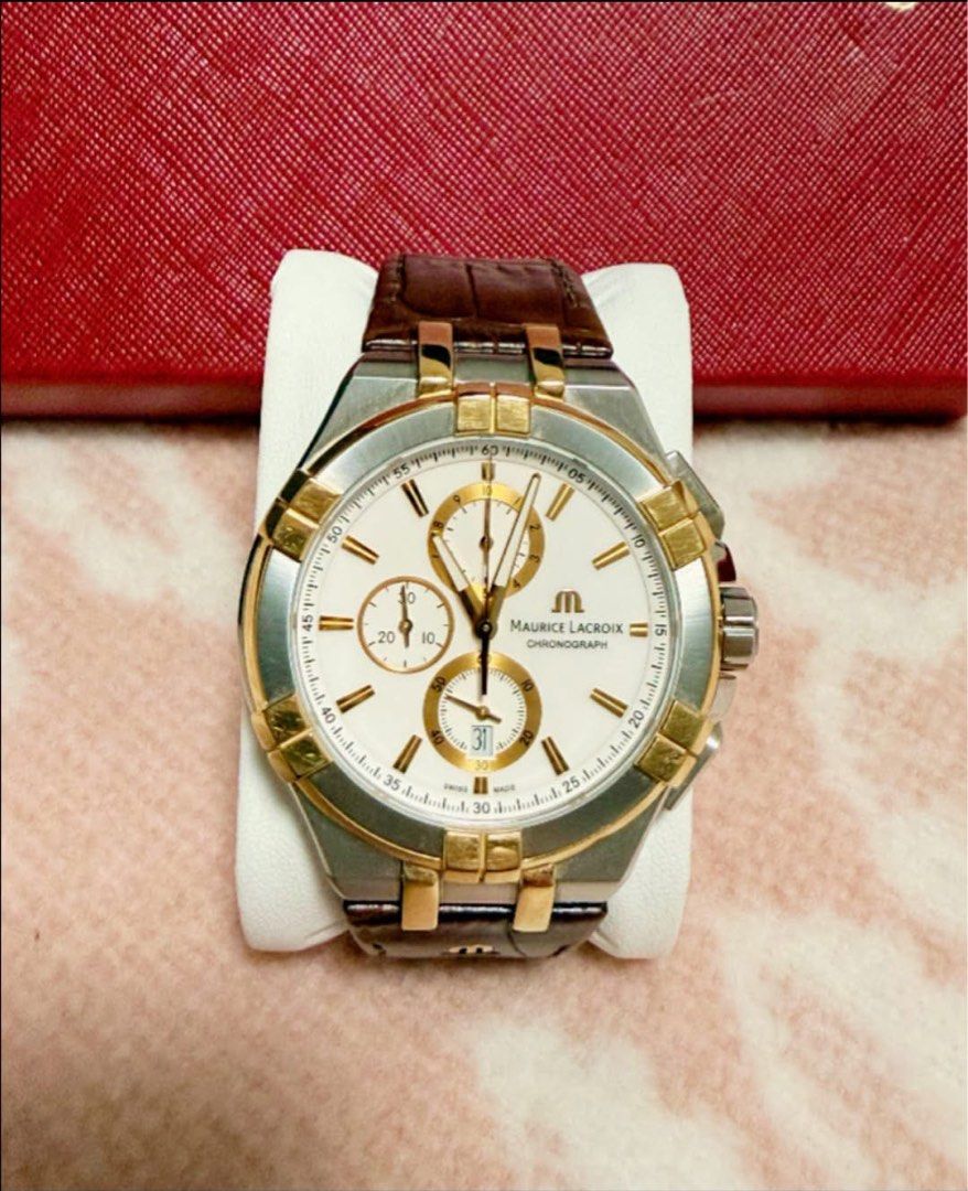 Maurice Lacroix Watch (Category: Luxury Watches) located in Quezon City. Submitted by liezl.marie (Listing ID 1453488439, Image 1). Description: Authentic Maur!c€ Lacr0ix Quartz Chronograph featuring a two-tone stainless steel and yellow gold bezel with its iconic claw design. - In excellent condition -44mm 42,500 Open for layaway. Disclaimer: We are not affiliated, associated, authorized, endorsed by or in any way officially connected with any o