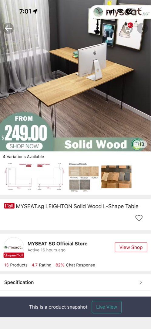 myseat.sg LEIGHTON Solid Wood L-Shape Table, Furniture & Home Living ...