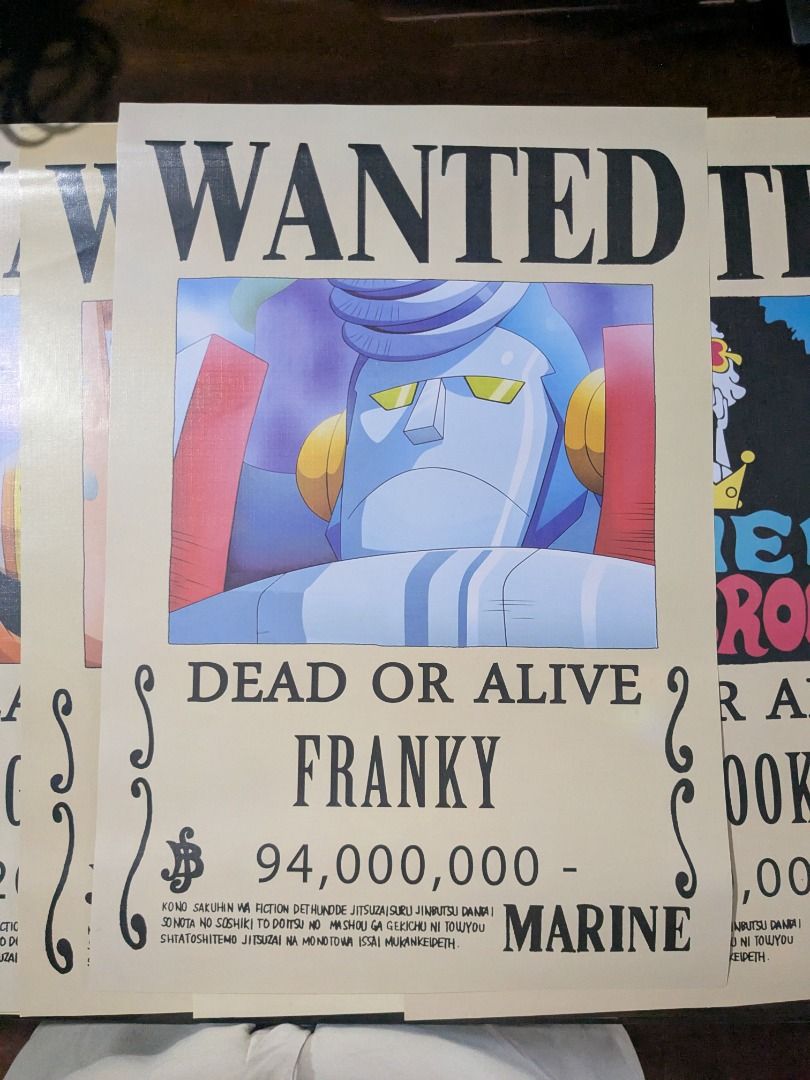 One Piece Wanted Posters (Category: Vintage Collectibles) located in Cebu City. Submitted by clemencia.shop (Listing ID 1453521832, Image 3). Description: - Set of 4 One Piece wanted posters - Features Nico Robin, Franky, SK Brook, and Tony Tony Chopper - Great for any fan of the series.