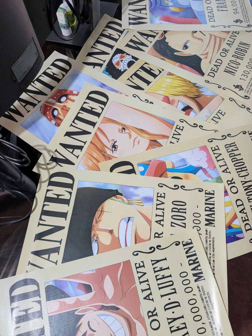 One Piece Wanted Posters (Category: Vintage Collectibles) located in Cebu City. Submitted by clemencia.shop (Listing ID 1453521832, Image 1). Description: - Set of 4 One Piece wanted posters - Features Nico Robin, Franky, SK Brook, and Tony Tony Chopper - Great for any fan of the series.