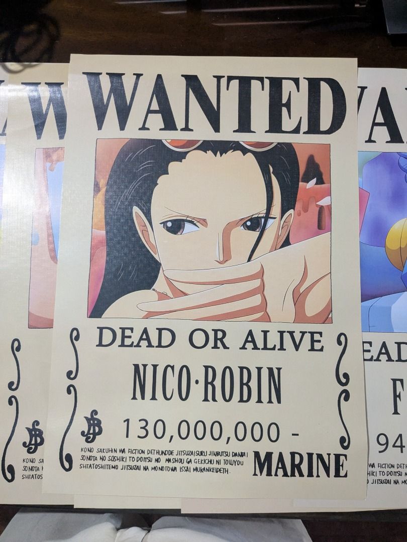 One Piece Wanted Posters (Category: Vintage Collectibles) located in Cebu City. Submitted by clemencia.shop (Listing ID 1453521832, Image 2). Description: - Set of 4 One Piece wanted posters - Features Nico Robin, Franky, SK Brook, and Tony Tony Chopper - Great for any fan of the series.