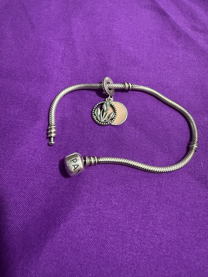 Pandora Sterling Silver Bracelet with Charms (Category: Bracelets) located in Manila. Submitted by lbiliran1346900 (Listing ID 1453486323, Image 1). Description: - Authentic Sterling Silver Pandora Bracelet - Classic Snake Chain Style - Pandora Logo Engraved on Clasp - Comes with 2 Charms: Floral with Pink Enamel & Plain Circle - Functional Clasp, Ready for New Charms.