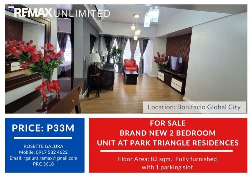 Park Triangle Residences 2BR unit (Category: Apartments & Condos) located in Makati City. Submitted by REMAXUNLIMITEDPH (Listing ID 1453431856, Image 1). Description: Park Triangle Residences 2BR unit 32nd St. corner 11th Ave. BGC A bright and elegant Brand New 2-Bedroom unit located on a high floor, offering an unobstructed view of BGC skyline. Property Description: - 2 Bedrooms corner unit , 82 sqm. - Master bedroom with ensuite toilet and bath