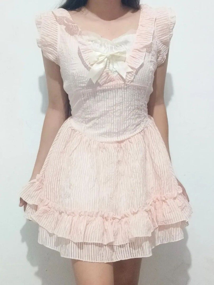 Pink Ruffled Lolita Dress with Bow Detail, Women's Fashion, Dresses ...