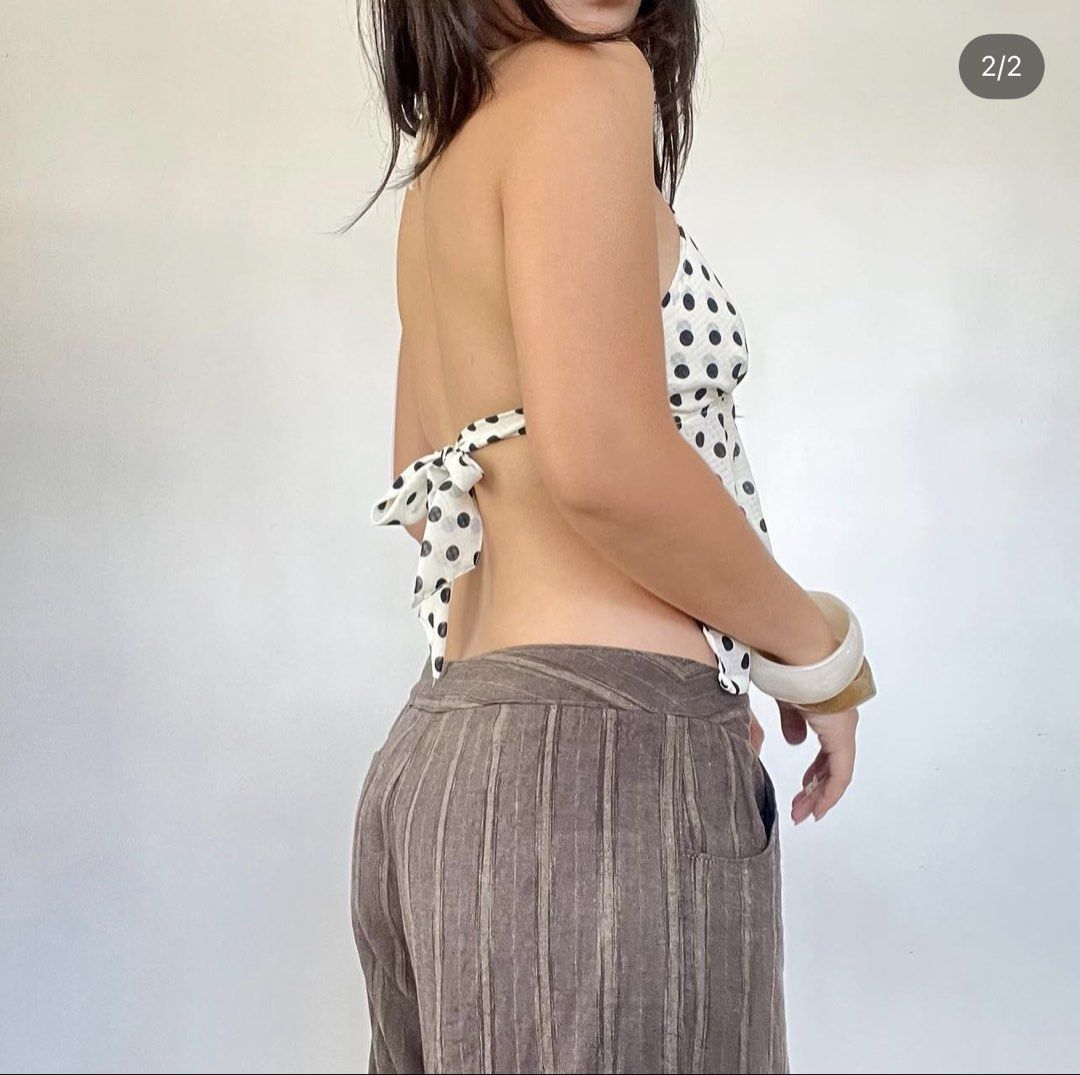 Polka Dot Backless Halter Top (Category: Sleeveless) located in Manila. Submitted by _fromrani (Listing ID 1453524385, Image 2). Description: - the velour original Dia top in cream polkadots - small - L14.5" no ties, up to B32" - lined bust, made from a deadstock fabric - fitted only, never worn - ideal for casual wear or a beachy look - nego.