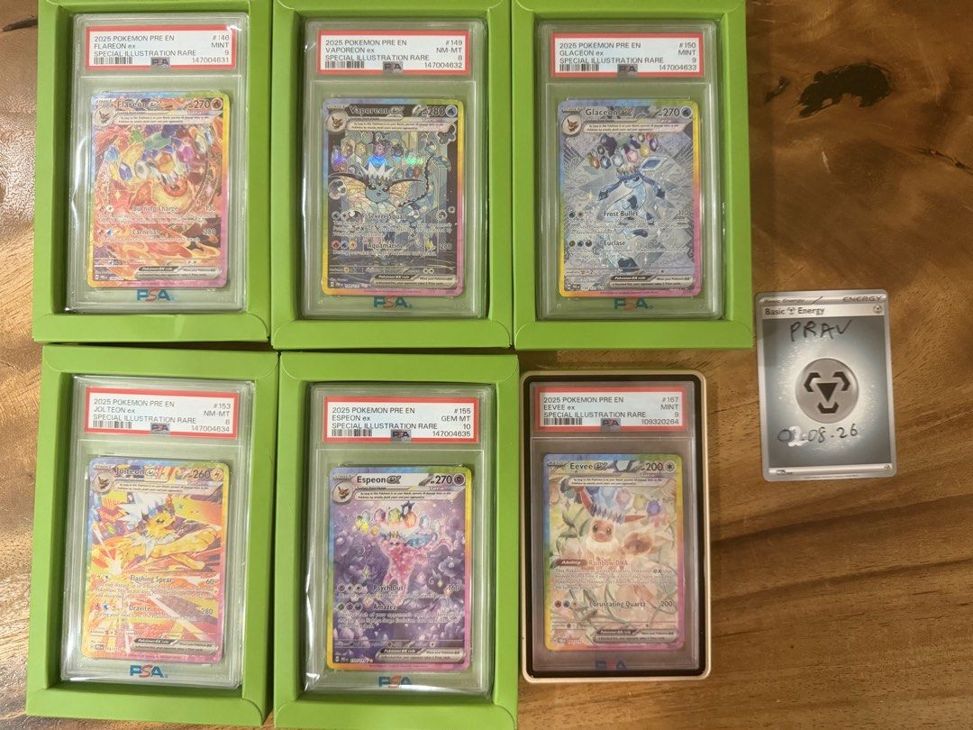 Prismatic sequential slabs - except Eevee (Category: Graded Singles) located in Klang. Submitted by pravindra (Listing ID 1453577993, Image 1). Description: - Collection of PSA graded Pokemon cards - Includes: Flareon ex, Vaporeon ex, Glaceon ex, Jolteon ex, Espeon ex, Eevee ex - All cards are Special Illustration Rare - From the 2025 Pokemon Pre-EN set - Graded by PSA with high mint scores - Ideal for collectors Prices: Espeon 10 - 5300 Glaceon 