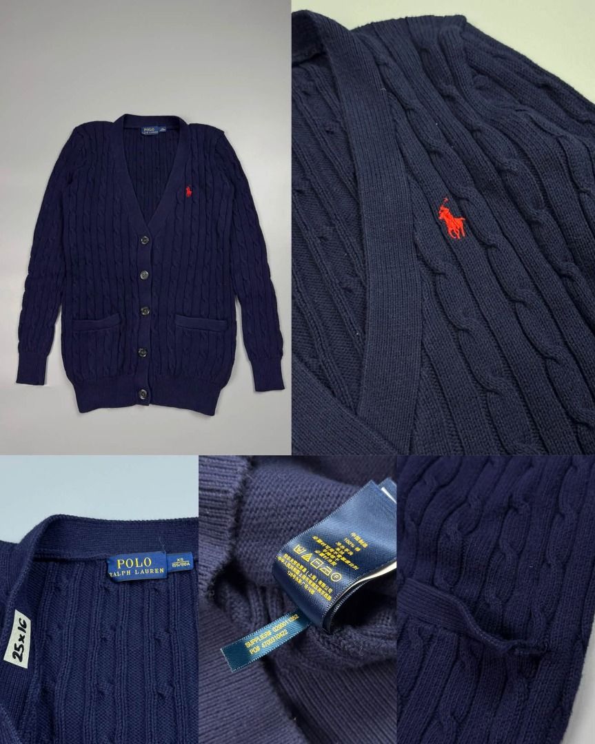 RALPH LAUREN NAVY OPEN CABLE KNIT CARDIGAN (Category: Coats, Jackets and Outerwear) located in Baguio. Submitted by binibibi (Listing ID 1453612673, Image 1). Description: RALPH LAUREN NAVY OPEN CABLE KNIT CARDIGAN (VGOOD - EXCELLENT CONDITION) XSMALL BEST FIT MEDIUM (25L X 16W) NOTE* MAY LOOSE STITCH SA END LEFT POCKET.