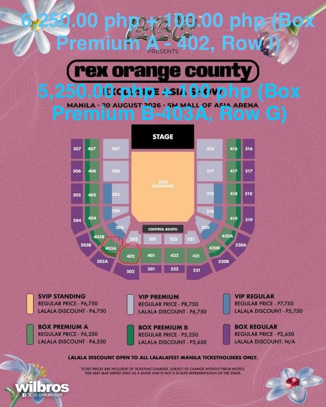 Rex Orange County Manila Concert Ticket (Category: Events Tickets) located in Quezon City. Submitted by la413 (Listing ID 1453450600, Image 2). Description: - 2 tickets for Rex Orange County's Manila show - Date: August 20, 2026 - Venue: SM Mall of Asia Arena - Seat 1: Box Premium A, Row 402, Seat 401 - Seat 2: Box Premium B, Row 403A, Seat 402.