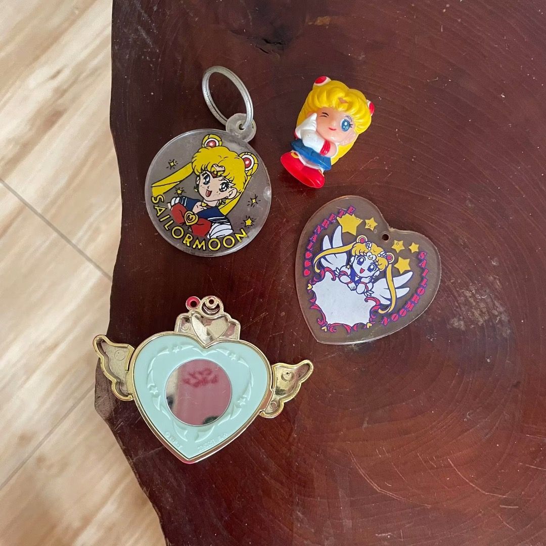 Sailor Moon Keychain, Figure, Heart Charm, and Compact Mirror Set (Category: Character Goods) located in Bocaue. Submitted by fernblush (Listing ID 1453495659, Image 2). Description: For sale 🍃🐇 Sailor moon vintage items ⤷ vintage, rareeee ⤷ official merch mod: jnt, lala mop: bank transfer ✩₊˚.⋆☾⋆⁺₊✧.