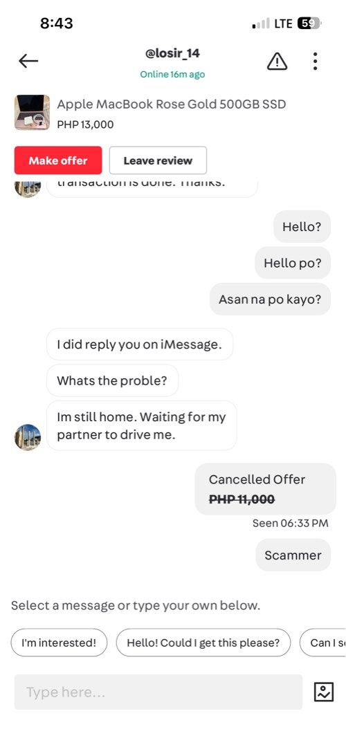 SCAMMER ALERT!!! @LOSIR_14 (Category: Laptops & Notebooks) located in Caloocan City. Submitted by zeeshee (Listing ID 1453432621, Image 1). Description: Ingat ingat po kayo sa tao na ito. .