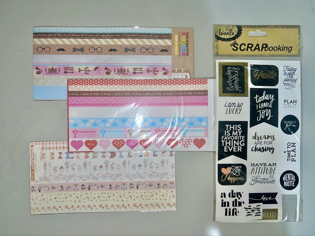 Scrapbook Stickers Bundle (Category: Craft Supplies & Tools) located in Manila. Submitted by gwendolyn593211 (Listing ID 1453438757, Image 1). Description: - Lots of decorative stickers and washi tape - Perfect for journaling and scrapbooking - Designs include hearts, plants, and motivational quotes - Great for personalizing planners, notebooks, and gifts - Easy to use and add a fun touch to crafts - Get creative with these cute supplies!.