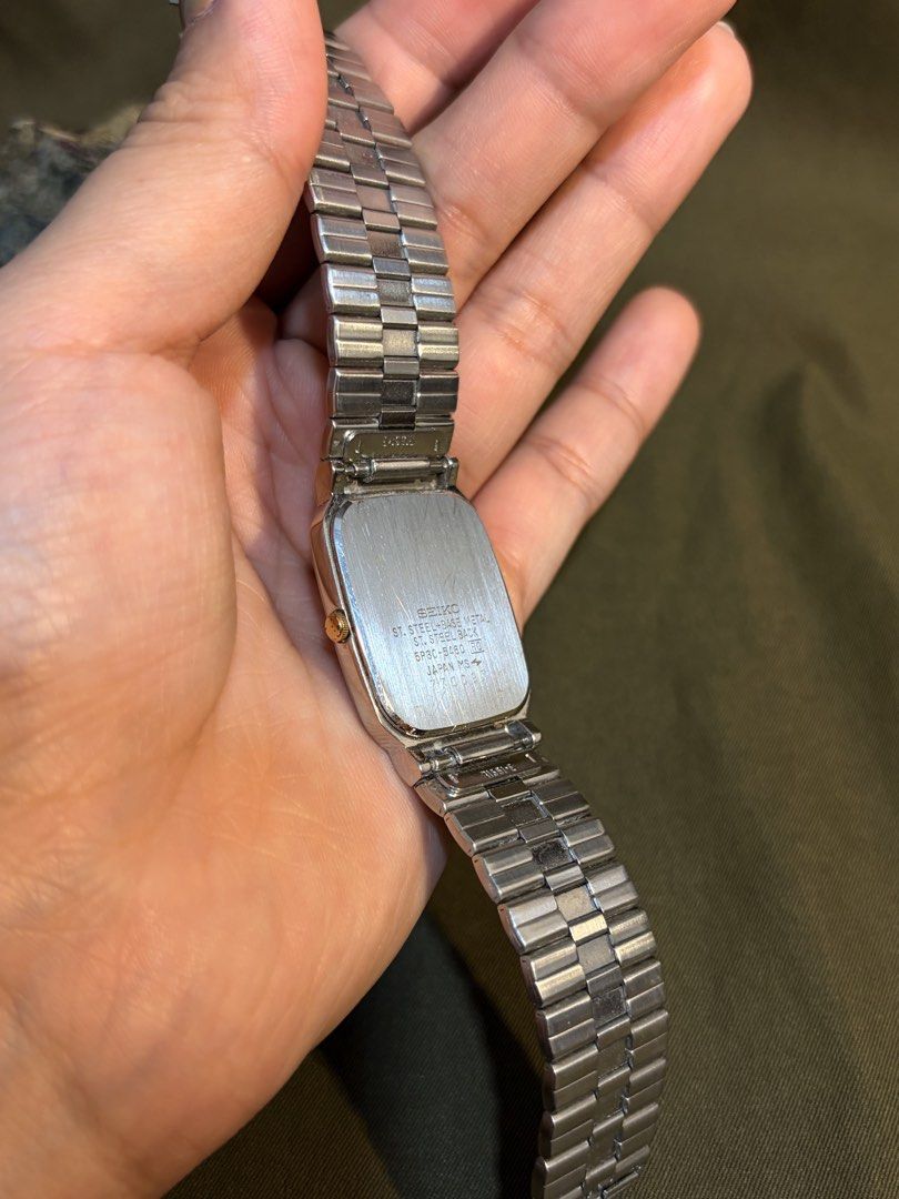 Seiko Quartz Two-Tone (Category: Luxury Watches) located in Manila. Submitted by gentlepenguin.fdc913 (Listing ID 1453434793, Image 3). Description: ✨FOR SALE✨ Details: •Name: Seiko Quartz Two-Tone •Case number: 5P30-5460 [R0] •Case dimension: 26mm x 32mm (elegant tank silhouette) •Lug size: Integrated bracelet (B1551-E) •Arm circumference: 17cm Other notes: •Condition: 8/10 (Honest vintage wear on the case and bracelet links, adding to its retro