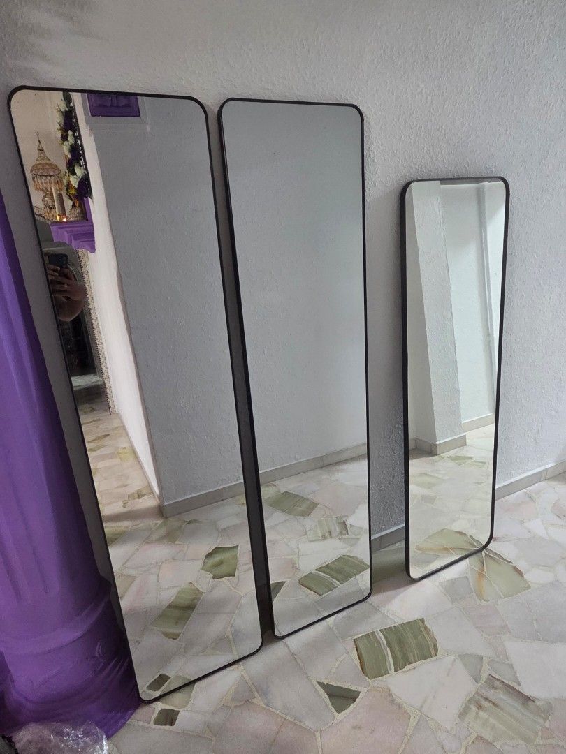 3 Rectangular Mirrors with Black Frames (Category: Mirrors) located in Singapore. Submitted by karuppugulla (Listing ID 1453541297, Image 3). Description: - 3 rectangular mirrors - Sleek black frames - Can be hung together or individually - Clean and simple aesthetic Small Mirror ($50) 131 x 40 Big Mirror ($25) Got 2 sets 147 x 36.