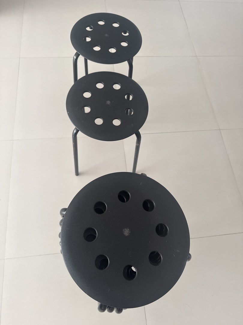 Black Stackable Round Stools (Category: Chairs) located in Singapore. Submitted by jlbenthong (Listing ID 1453450898, Image 1). Description: Clearing store.. 7 stools 1 stool $3.50 7 stools $20.00 Not for fussy buyer. Self collect only at Blk 302 Hougang Ave 5 Postal code 530302. - black stools - Stackable for easy storage - Circular seats with hole pattern - Sturdy metal legs - Ideal for extra seating at home or events.