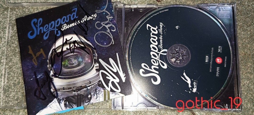 Sheppard Bombs Away Signed CD (Category: CDs & DVDs) located in General Trias. Submitted by gothic_19 (Listing ID 1453607737, Image 3). Description: - Signed Sheppard Bombs Away CD - Includes original case and booklet - Features popular tracks like Geronimo, Something's Missing, and more - A must-have for any Sheppard fan! SHEPPARD BOMBS AWAY SIGNED CD ALBUM GENRE: INDIE / INDIE POP / INDIE ROCK IN GOOD CONDITION NO SKIPS SELLING FOR 550 PESOS MO