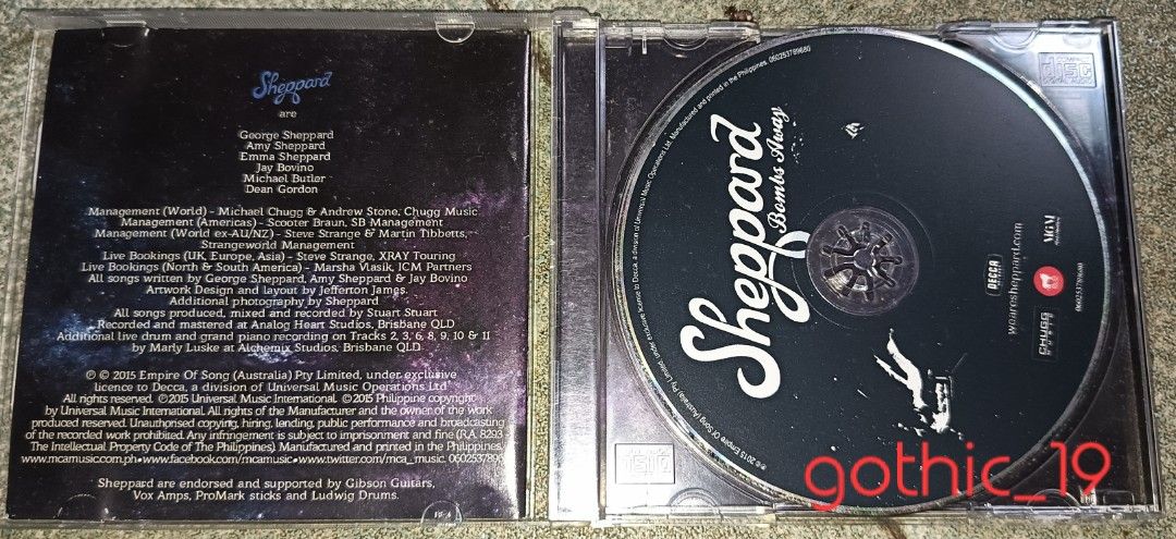 Sheppard Bombs Away Signed CD (Category: CDs & DVDs) located in General Trias. Submitted by gothic_19 (Listing ID 1453607737, Image 2). Description: - Signed Sheppard Bombs Away CD - Includes original case and booklet - Features popular tracks like Geronimo, Something's Missing, and more - A must-have for any Sheppard fan! SHEPPARD BOMBS AWAY SIGNED CD ALBUM GENRE: INDIE / INDIE POP / INDIE ROCK IN GOOD CONDITION NO SKIPS SELLING FOR 550 PESOS MO