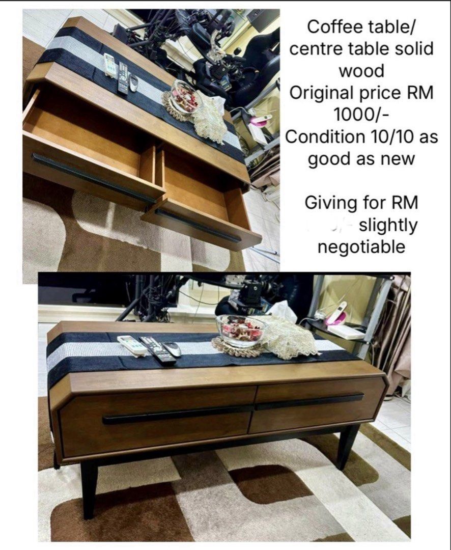 Solid Wood Coffee Table / Centre Table (Category: Tables & Sets) located in Klang. Submitted by mariya.05 (Listing ID 1453589356, Image 1). Description: - Solid wood coffee table - Features 2 convenient drawers for storage - Condition: 10/10, like new - Original price: RM 1000 - Ideal for enhancing your living room space.