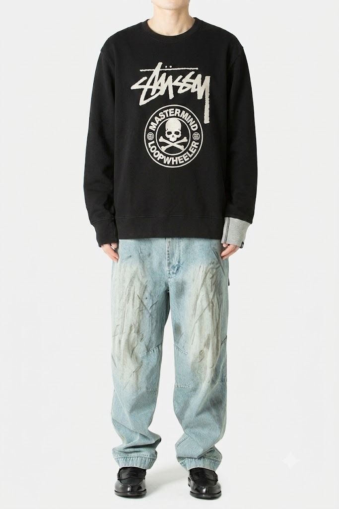 Stussy × Mastermind Japan Loopwheeler Sweatshirt M (Category: Coats, Jackets and Outerwear) located in Antipolo. Submitted by bentakahitanoano (Listing ID 1453617351, Image 1). Description: Stussy × Mastermind Japan Loopwheeler Sweatshirt – Size M Pit to pit: 20 | Length: 27 Condition: 7.5/10 — still in good, wearable shape. Details: - Stussy × Mastermind Japan collaboration - Loopwheeler construction (dense, durable knit) - Skull graphic print -