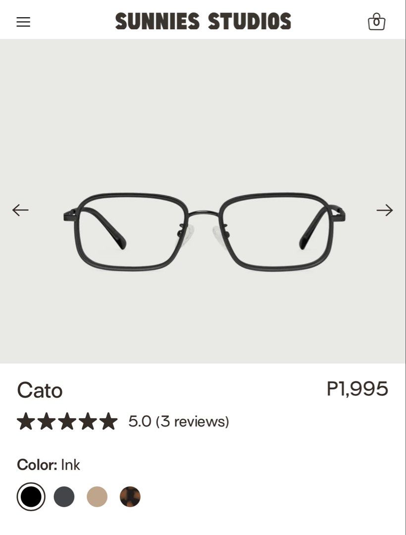 Sunnies Studios Prescription Glasses (Cato) (Category: Sunglasses & Eyewear) located in Makati City. Submitted by chihiro31 (Listing ID 1453469398, Image 2). Description: - Brand: Sunnies Studios - Model: Cato - Color: Ink - Condition: Used (selling because I got a new pair) - Includes: Original case and cleaning cloth.