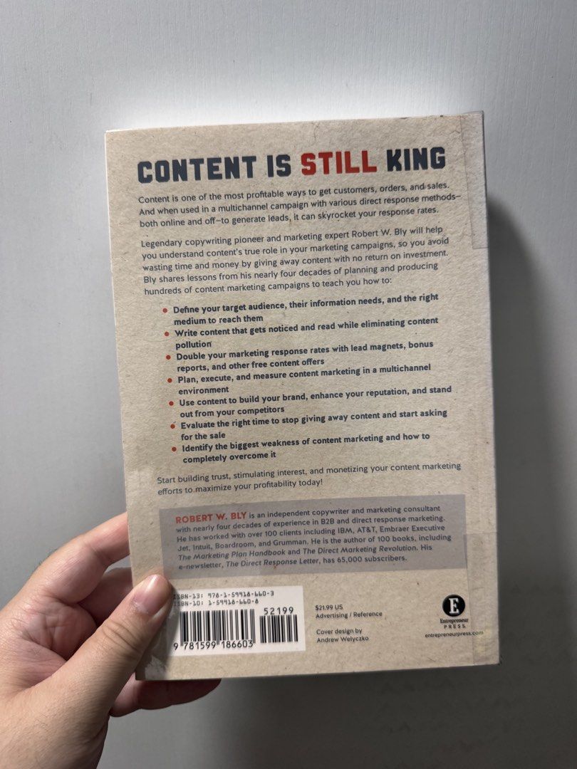 The Content Marketing Handbook by Robert W. Bly (Category: Textbooks) located in Manila. Submitted by abic7 (Listing ID 1453604270, Image 2). Description: - Double your marketing campaign results. - Learn to define your target audience. - Write content that gets noticed. - Plan multichannel campaigns. - Build your brand effectively. - Understand your competitors. - Ideal for marketing and business professionals. - with plastic cover Mop: gcash Sh