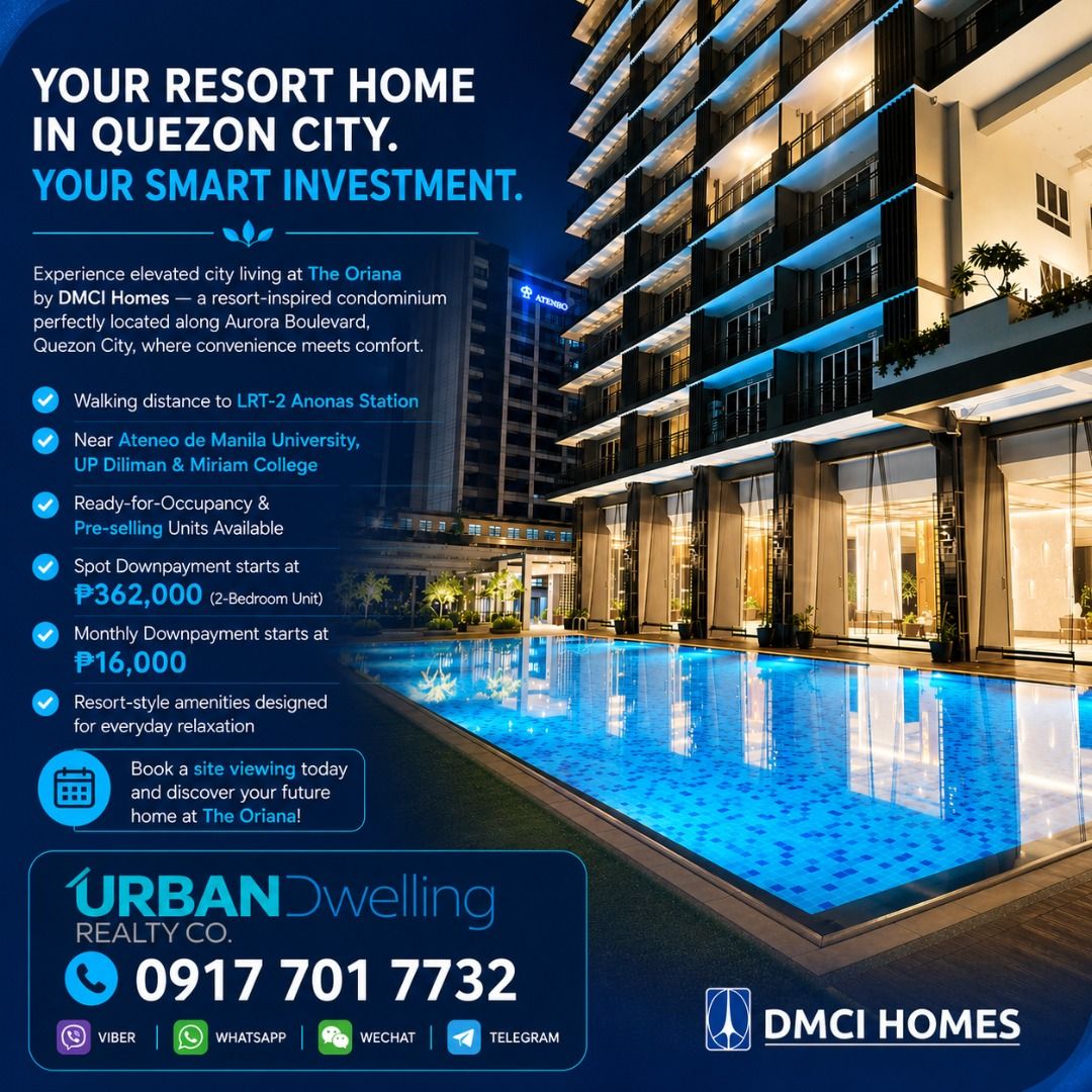 THE ORIANA 2 BEDROOM (Category: Apartments & Condos) located in Las Pinas. Submitted by realestatebroker (Listing ID 1453504575, Image 1). Description: Your Resort Home in QC, Your Smart Investment. Discover The Oriana, DMCI Homes' newest turned-over condominium in Quezon City—your gateway to elevated urban living. Perfectly located along Aurora Boulevard, where convenience meets resort-inspired living. ✔️ Walking distance to LRT-2 Anonas Station