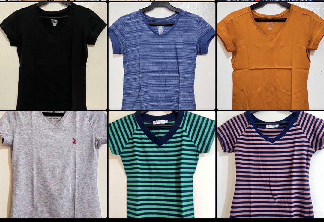 T-Shirts Bundle (6pcs) (Category: Shirts) located in Bulacan. Submitted by rds.declutter (Listing ID 1453489087, Image 1). Description: - Bundle of 6 V-neck t-shirts - Includes 3 Jockey shirts: black, blue stripe, mustard - Bunny, Mitata - Sizes: Small or Medium - Great for everyday wear rfs: decluttering, also size Large na ako now😭.