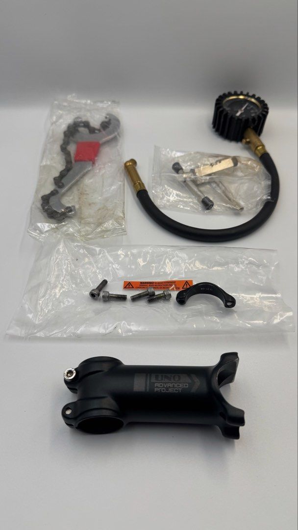 UNO Advanced Project Bike Stem & Tools (Category: Bicycles) located in Manila. Submitted by mysticstar_d67ad3_tree (Listing ID 1453448162, Image 1). Description: Used several time under 1hr each , wanted a different unit. Absolutely no issues - UNO Advanced Project bike stem set including accesories - Length: 90mm - Clamp Diameter: 31.8mm - Fork stirrer 28.6mm - Includes: Chain tool, tire pressure gauge, various bolts - All items in original pack