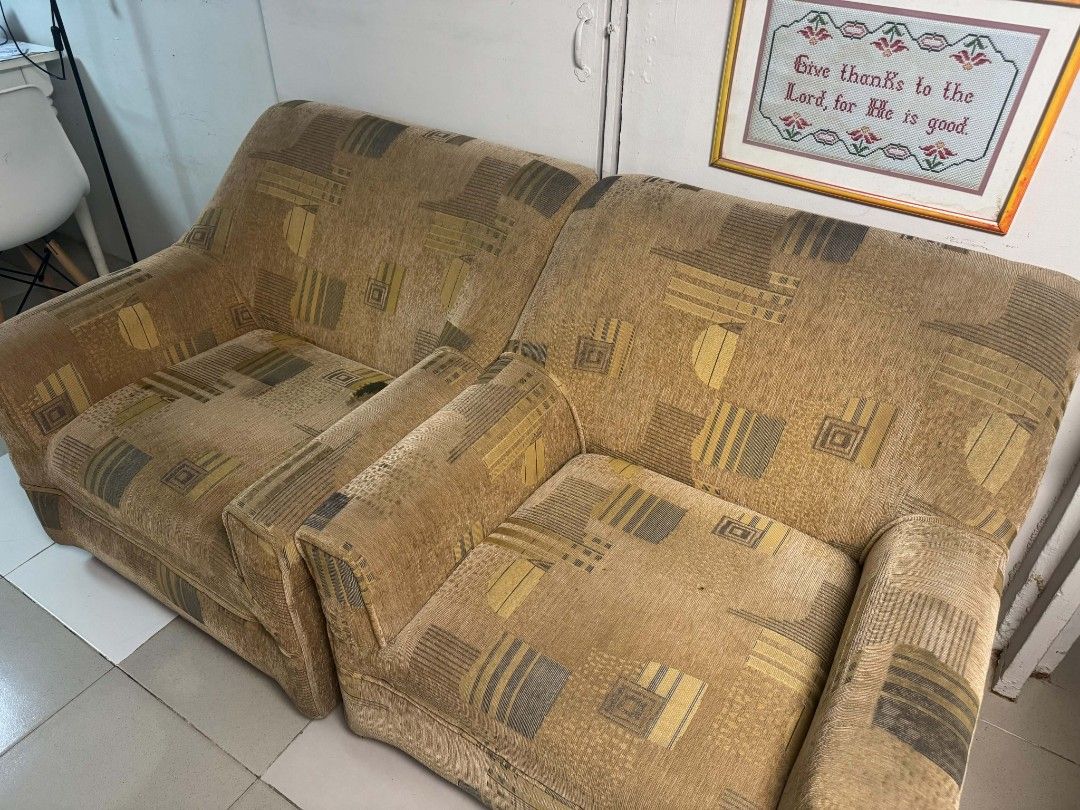 Vintage Geometric Pattern Sofa - 3 Seater (Category: Sofas) located in Manila. Submitted by glengpascu18784 (Listing ID 1453525217, Image 3). Description: - Vintage 3-seater sofa - Unique geometric pattern in brown, yellow, and grey tones - Textured upholstery for a tactile feel - Plush and comfortable cushions - Perfect for living rooms or lounge areas - Shows minor signs of wear consistent with age - Pick up only.