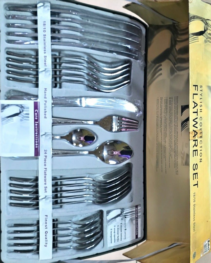 18/10 Stainless Steel Flatware Set - Stylish Collection (Category: Dinnerware & Cutlery) located in Marikina City. Submitted by zetalica (Listing ID 1458547116, Image 2). Description: - Stylish 24-piece flatware set, perfect for 6 people. - Crafted from premium 18/10 stainless steel for lasting quality. - Set includes: 6 Dinner Knives, 6 Dinner Forks, 6 Soup Spoons, 6 Teaspoons. - Features a beautiful hand-polished finish. - Comes in its original