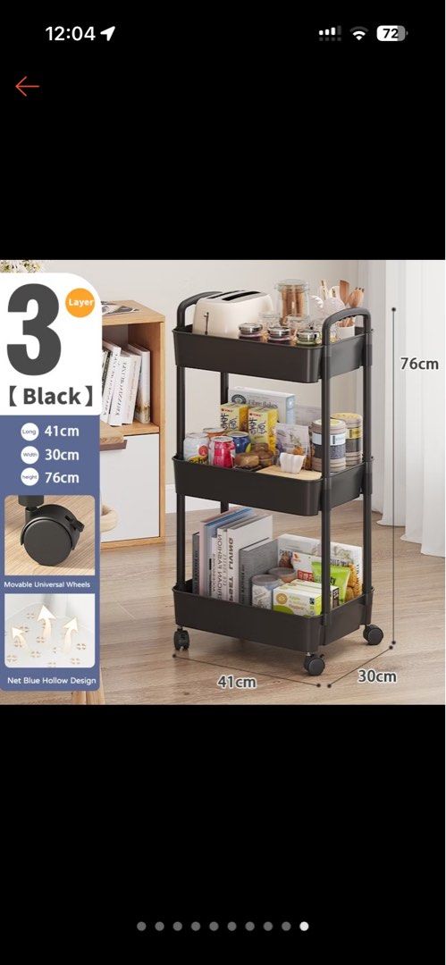 3-Tier Black Storage Cart with Wheels (Category: Storage Boxes & Baskets) located in Las Pinas. Submitted by nekomeow22 (Listing ID 1458528766, Image 1). Description: - Sturdy 3-tier black storage cart - Dimensions: 76cm (Height) x 41cm (Length) x 30cm (Width) - Movable wheels for easy transport - Versatile use: ideal for kitchen, books, bathroom supplies, and more - Stylish net blue hollow design - Practical and space-saving solution.